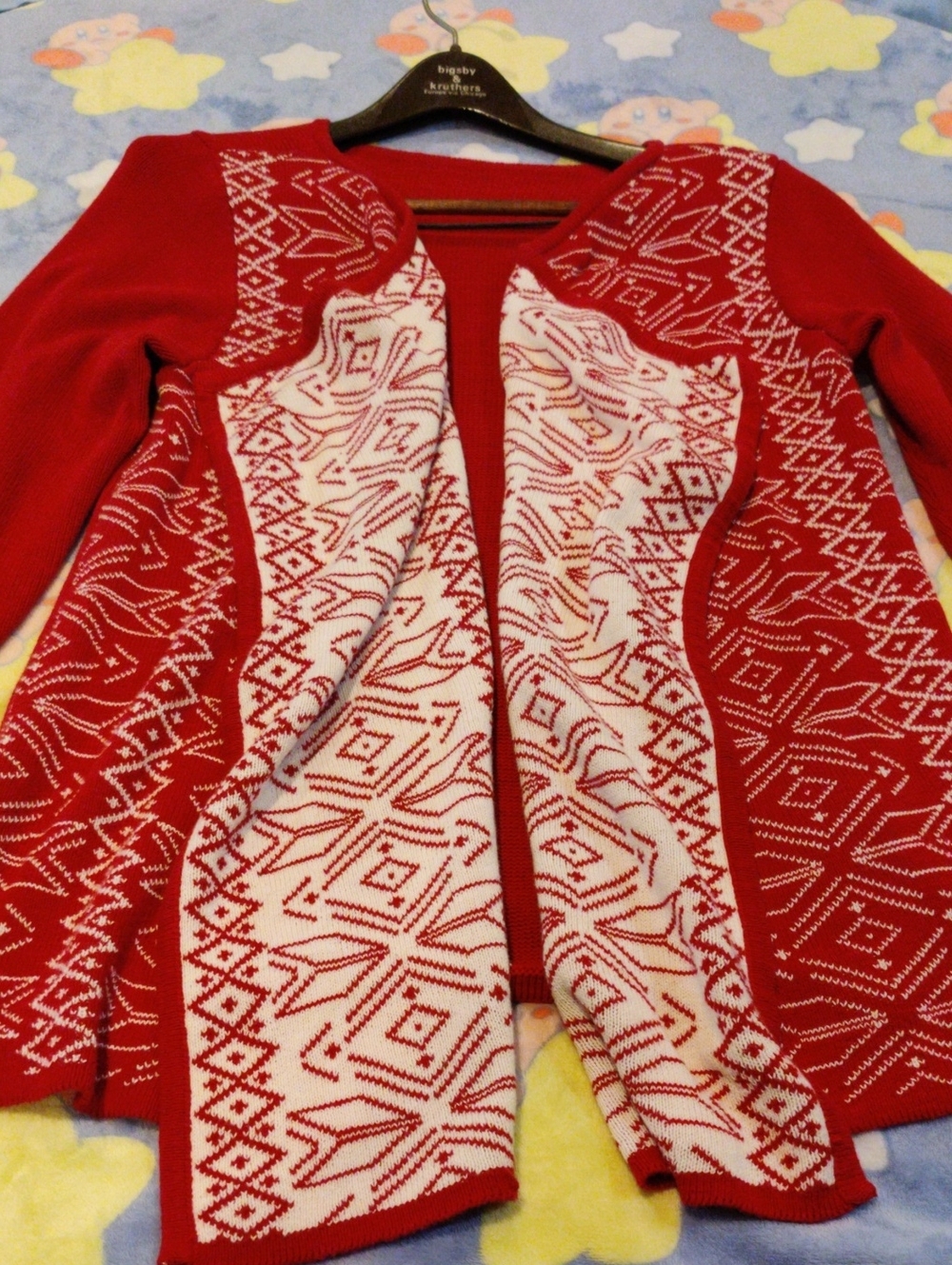 Red and White Patterned Open-Front Women's Sweater Cardigan